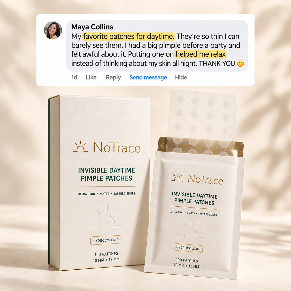NoTrace product with an illustrative customer comment concept