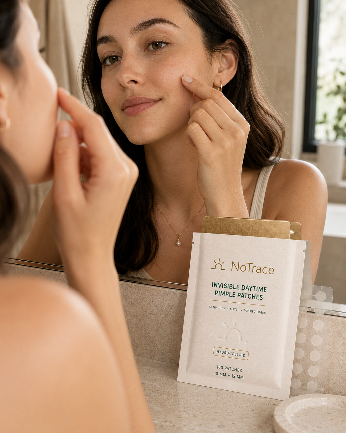 Applying a NoTrace patch before makeup with the 100-patch pouch