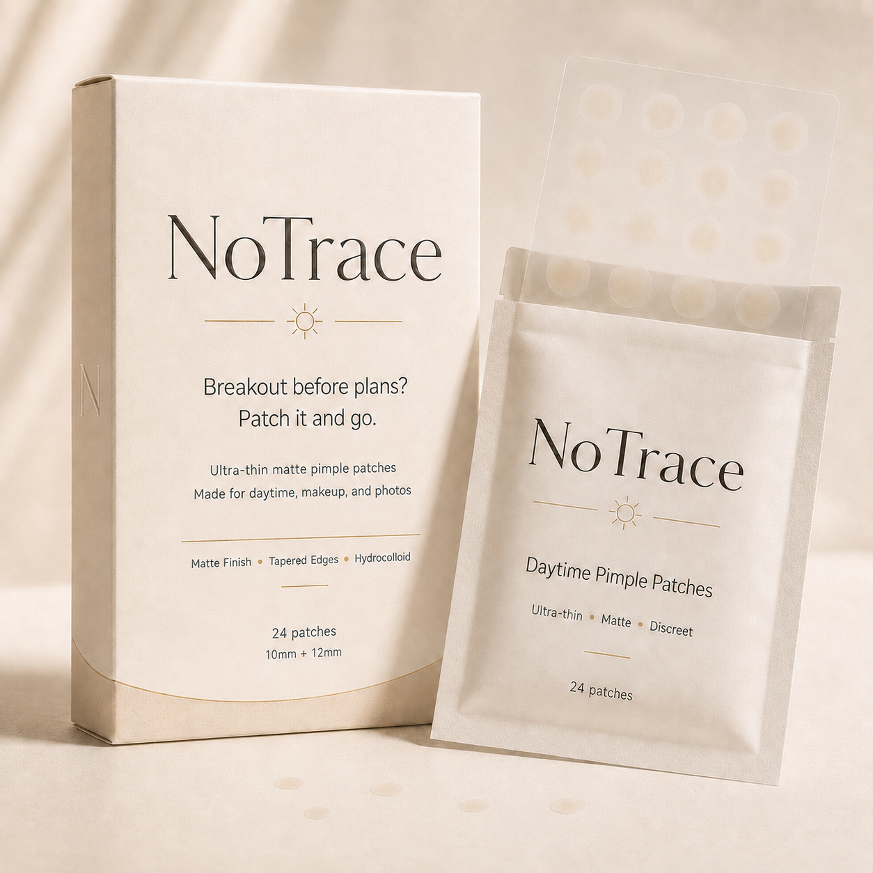 NoTrace daytime pimple patches box and pouch product photo