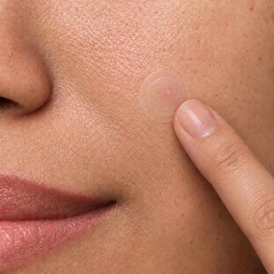 Routine illustration of a fingertip gently pressing the edge of a patch onto the cheek.