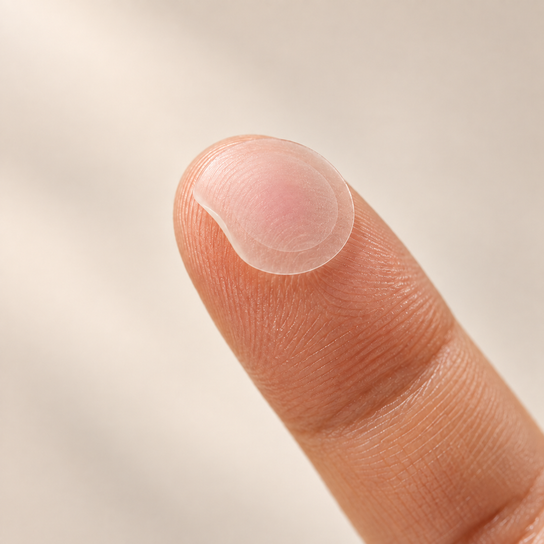 Routine illustration of a flexible patch resting on a fingertip after removal.
