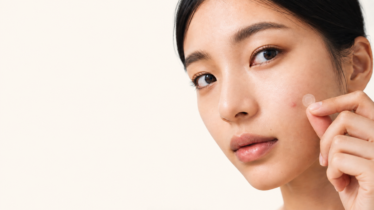 Applying a thin daytime pimple patch beside a cheek blemish
